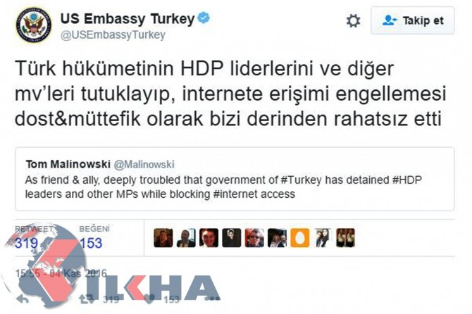 The arrest of the HDP MPs deeply troubled us: USA