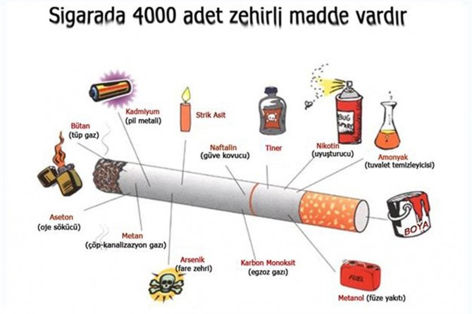 Sigarada 4 binden fazla zehirli kimyasal madde bulunmakta