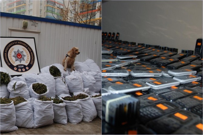 Ele geçirilen bir ton uyuşturucu ve kaçak cep telefonu sergilendi