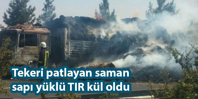 Şanlıurfa- Birecik Karayolunda tekeri patlayan saman sapı yüklü TIR kül oldu
