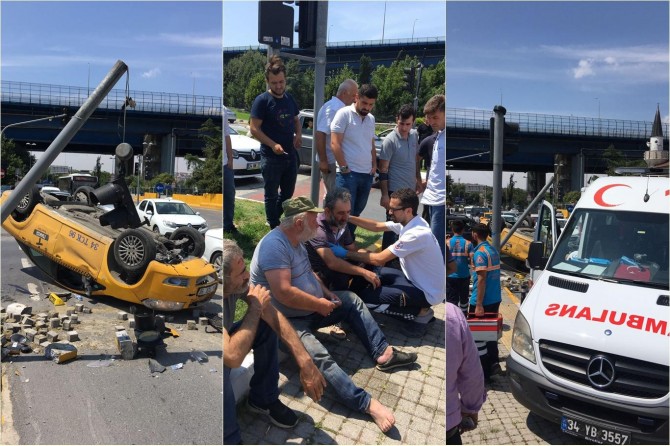 İstanbul Fatih'te yaya ve trafik ışıklarına çarpan ticari taksi ters döndü