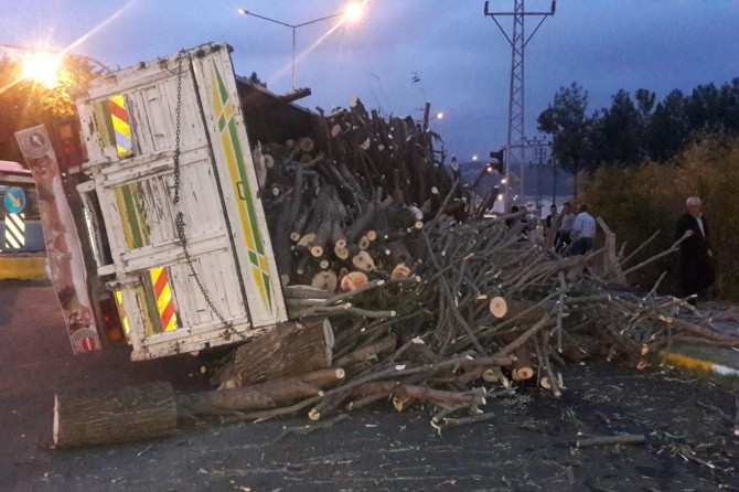 ​Adıyaman’da odun yüklü kamyon devrildi