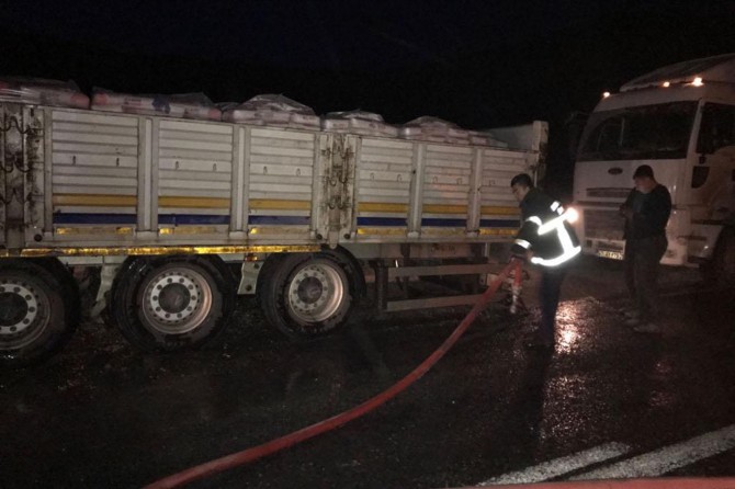 Nusaybin- Midyat Karayolu sulama barajı mevkiinde balataları ısınan TIR alev aldı