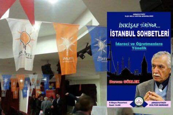 Tarihçi Gürlek AK Parti bayrağının olduğu salonu terk etti