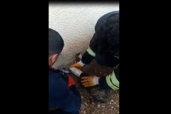 Kızıltepe'de su borusuna sıkışan kedi kurtarıldı