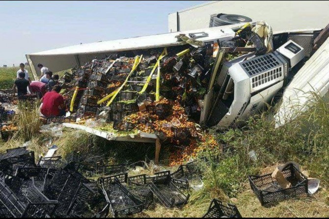 Meyve yüklü TIR devrildi