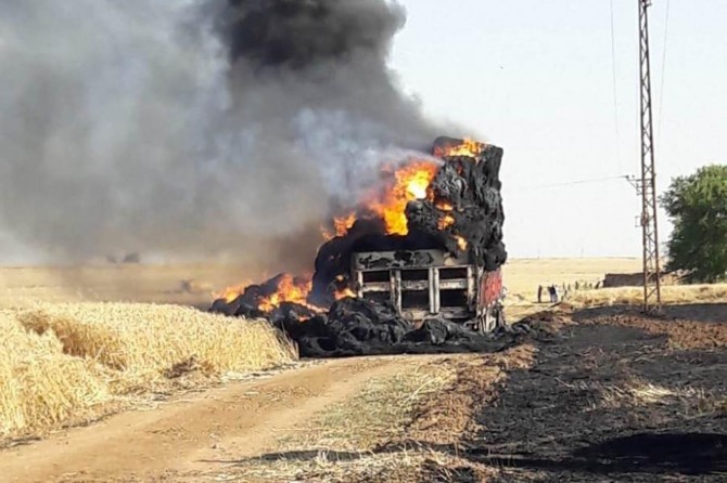 Kızıltepe'de saman yüklü TIR'da çıkan yangın arazileri küle çevirdi