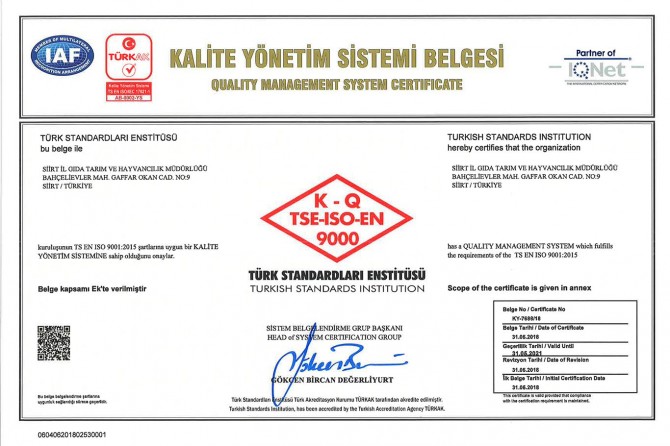 Siirt Gıda Tarım ve Hayvancılık İl Müdürlüğü kalite yönetim sistemi belgesini aldı
