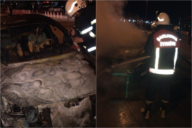 Çekiciye yüklenen otomobil alev alev yandı