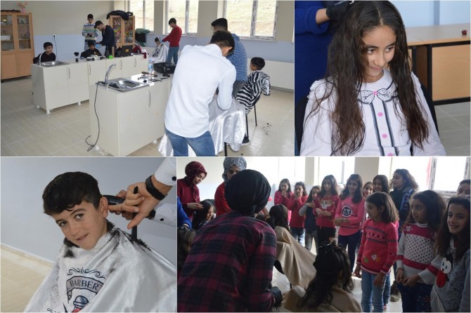 Gönüllü kuaförlük yaparak köy çocuklarını sevindirdiler