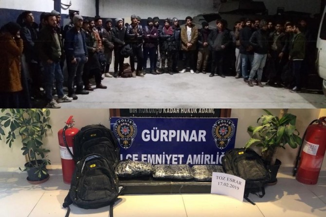 Minibüsten 38 göçmen ve 11 kilo esrar çıktı
