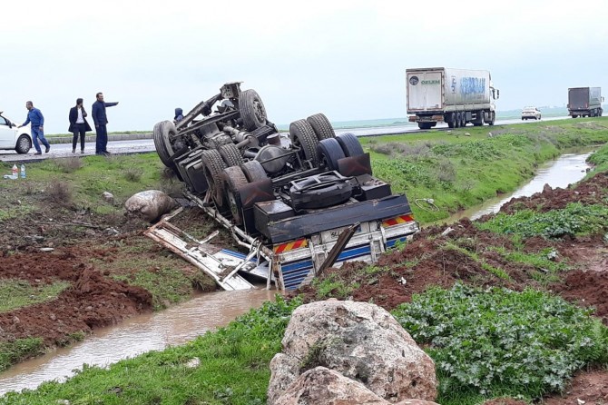 Nusaybin'de şarampole yuvarlanan kamyon hurdaya döndü