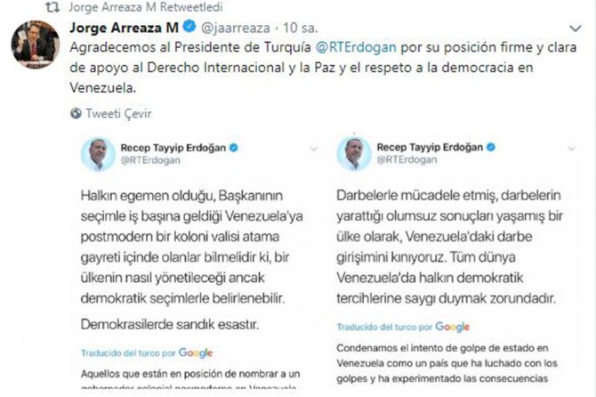 Venezuela'dan Cumhurbaşkanı Erdoğan'a teşekkür