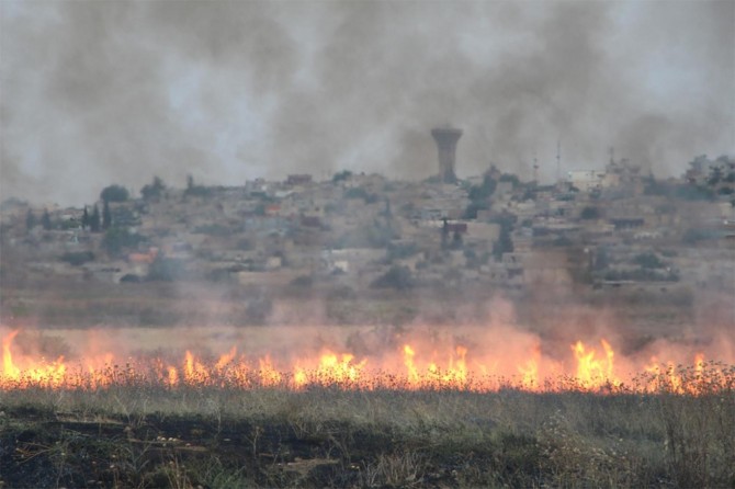 Suriye sınırında mayınlı bölgede yangın