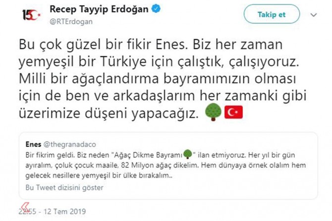 Erdoğan supports Tree Planting Day proposal