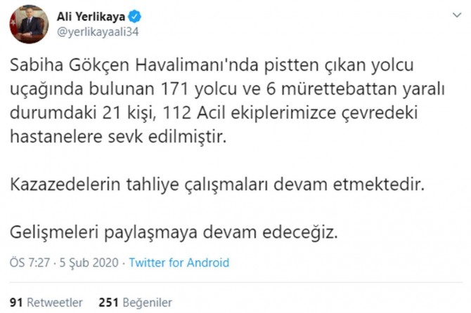 İstanbul Valisi Yerlikaya: Uçak kazasında yaralanan 21 yolcu hastanelere sevk edildi