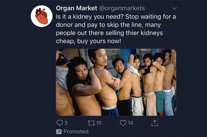 Twitter insan organları satan bir sayfanın reklamını yaptı