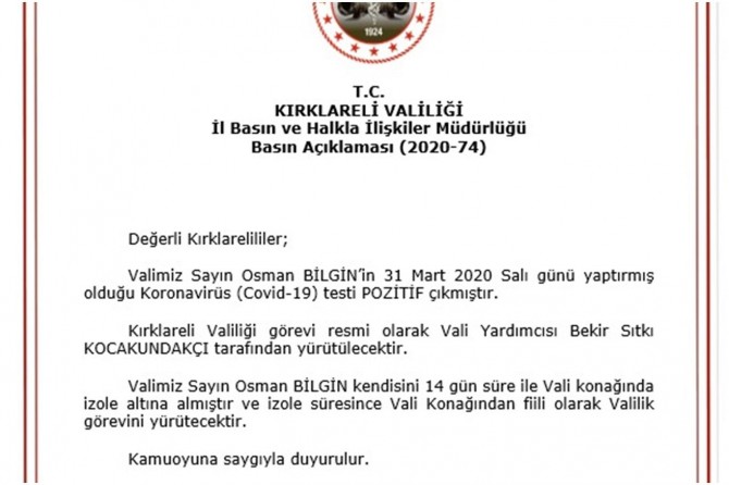 Kırklareli Valisi Osman Bilgin’in Coronavirus test sonucu pozitif çıktı