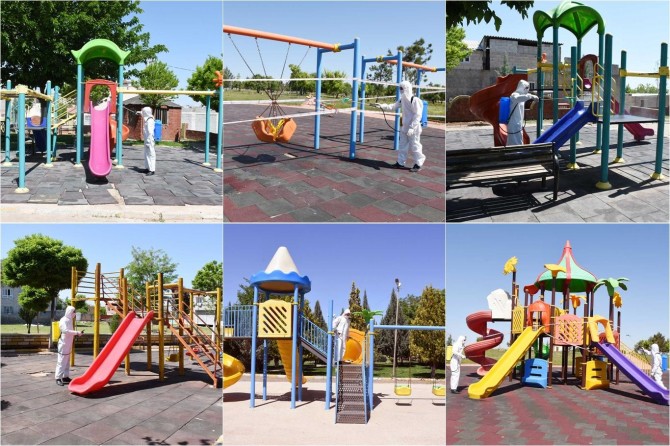 Şanlıurfa Hilvan’da çocuklara verilecek izin öncesi parklar dezenfekte edildi