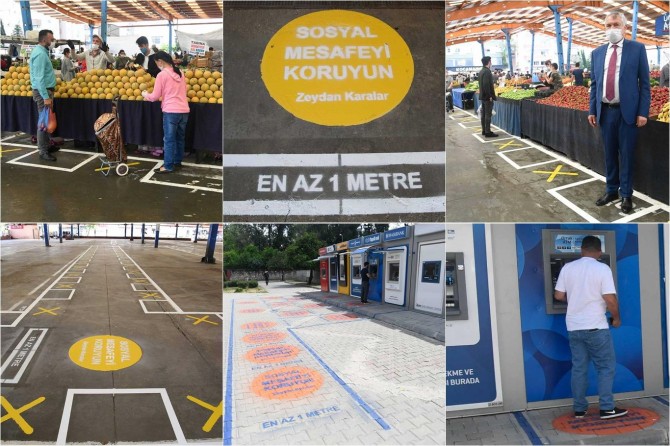Adana'da semt pazarlarında ve ATM önlerinde sosyal mesafe işaretlemesi sürüyor