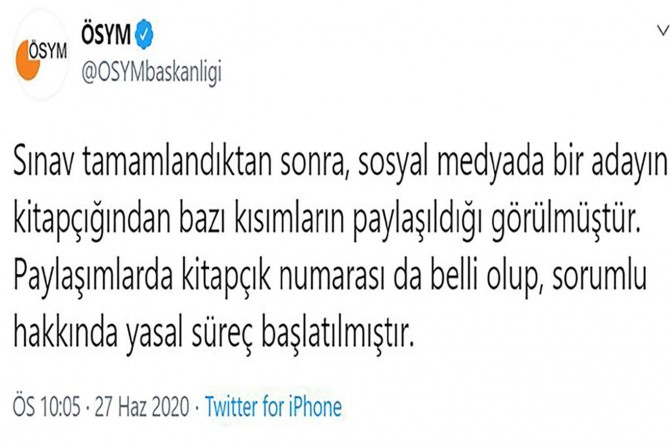 ÖSYM: “Sınav tamamladıktan sonra, bir adayın kitapçığından bazı kısımlar paylaşıldı”