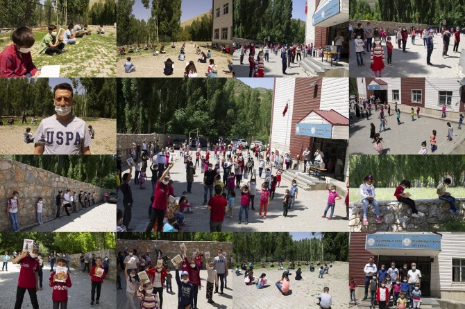 Kitap hediye edilen köy okulunda sosyal mesafe ve maskeli okuma etkinliği yapıldı