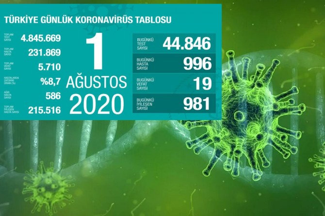 Türkiye'de Covid-19'dan 19 kişi daha hayatını kaybetti, 996 yeni tanı kondu