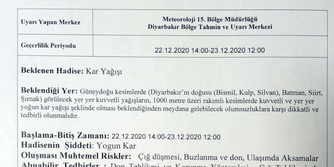 Meteorolojiden Diyarbakır için kar yağışı uyarısı