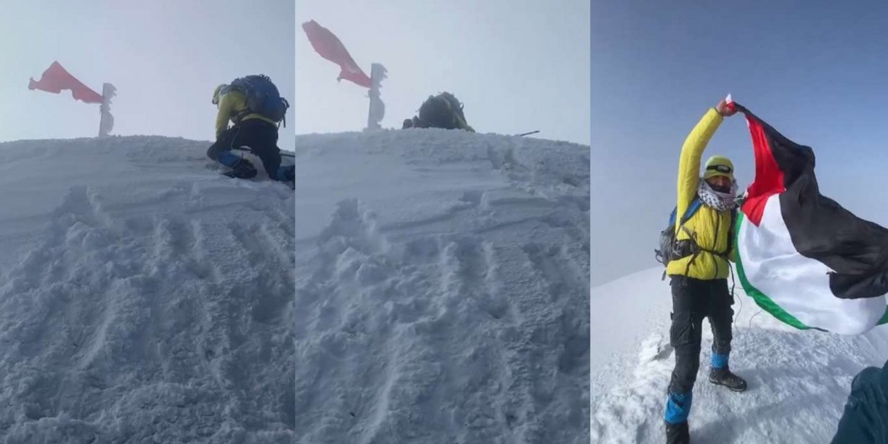 Filistinli genç Ağrı Dağı'nın zirvesinde secdeye gidip Filistin bayrağını dalgalandırdı