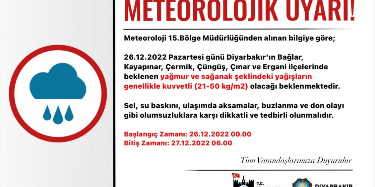 Diyarbakır valiliğinden Çınar ilçemiz için kuvvetli yağış uyarısı