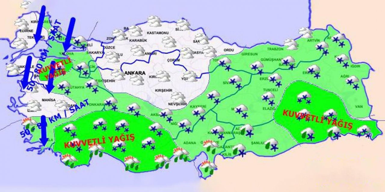 25 il için sarı ve turuncu kodlu uyarı