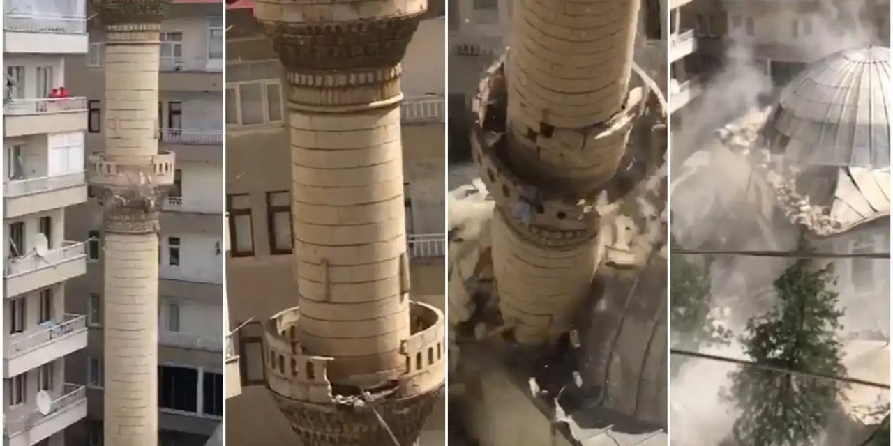 Diyarbakır'da depremde ağır hasar alan caminin minaresi kontrollü bir şekilde yıkıldı