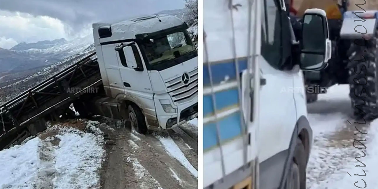 Siirt Eruh Dikboğaz'da yoğun kar yağışı nedeniyle kamyon uçuruma düşmekten son anda kurtuldu