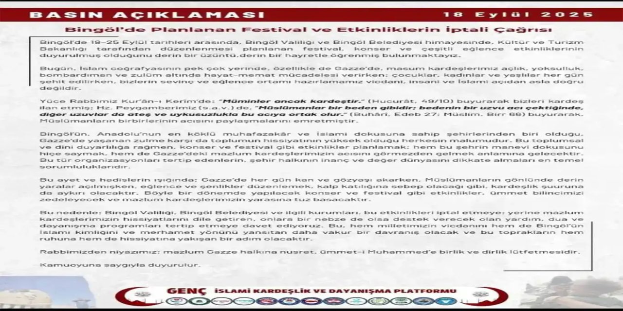 Ji Platforma Biratîya Îslamî ya Çewligê banga betal kirina festîval û konseran