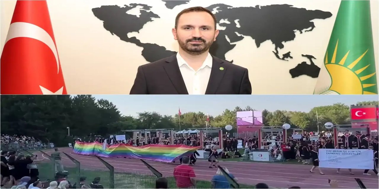 Serokê Bajarê Enqerê yê HUDA PARê Ahmet Karaarslan li hember provokasyona alaya LGBTÎ ya li ODTUyê bertek nîşan da