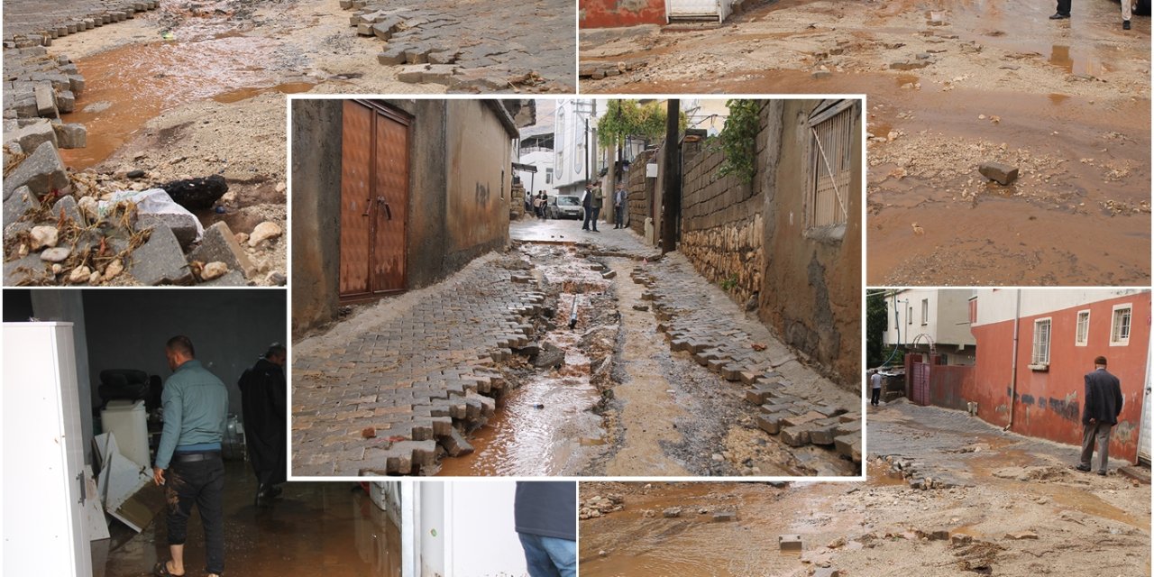 Silvan'da yeni döşenen parkeler ilk yağmurda söküldü, ev ve iş yerlerini su bastı