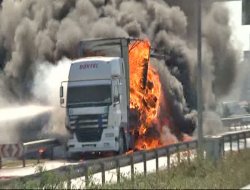 TEM'de TIR cayır cayır yandı