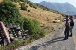 Koyun sürüsüne çarpmamak isteyen sürücü kamyonu devirdi